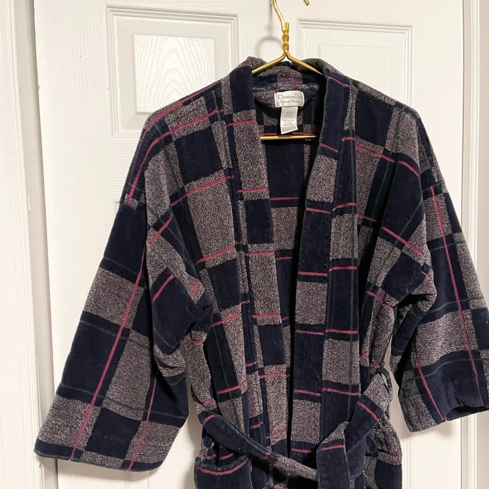 VTG Christian Dior terry cloth 100% cotton bath robe plaid men’s with belt! - Picture 1 of 9
